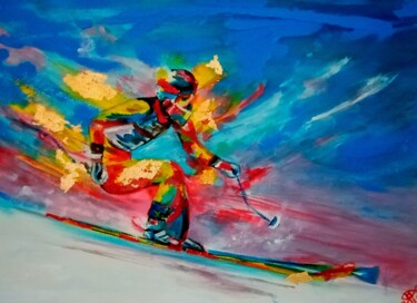 Peinture intitulée ",, Alpine skiing,," par Natalie Rybka, Œuvre d'art originale, Huile Monté sur Carton