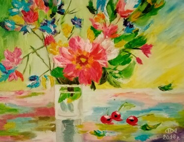Painting titled ",, Flowers in a gla…" by Natalie Rybka, Original Artwork, Oil Mounted on Wood Stretcher frame