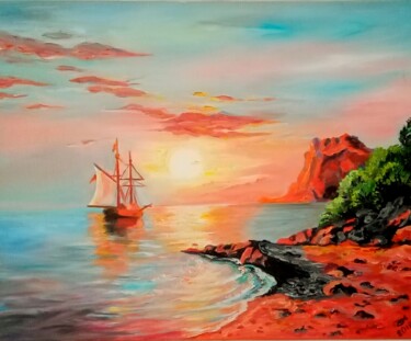 Painting titled ",, Pink ship,," by Natalie Rybka, Original Artwork, Oil Mounted on Wood Stretcher frame