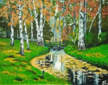 Pittura intitolato ",, Birch forest,," da Natalie Rybka, Opera d'arte originale, Olio Montato su Cartone