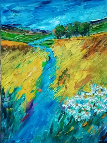 Painting titled ",, Field,," by Natalie Rybka, Original Artwork, Oil Mounted on Wood Stretcher frame