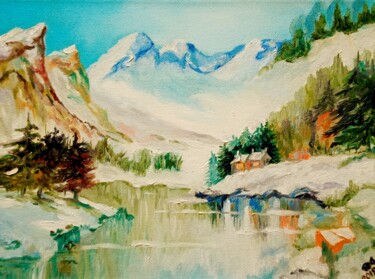 Painting titled ",, Mountain lake,," by Natalie Rybka, Original Artwork, Oil Mounted on Wood Stretcher frame