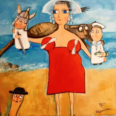Painting titled "Одинокая женщина на…" by Natalie Shiporina, Original Artwork, Acrylic Mounted on Wood Stretcher frame