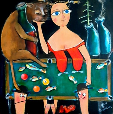 Painting titled "Lady is always  hap…" by Natalie Shiporina, Original Artwork, Acrylic Mounted on Wood Stretcher frame