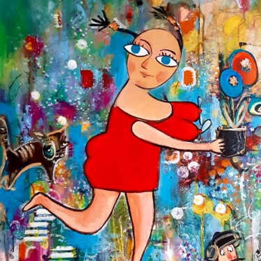 Pintura intitulada "Одинокая женщина сп…" por Natalie Shiporina, Obras de arte originais, Acrílico