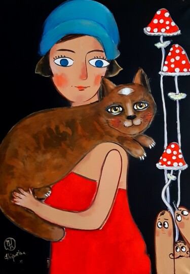 Painting titled "Blue hat and  red m…" by Natalie Shiporina, Original Artwork, Acrylic Mounted on Wood Stretcher frame