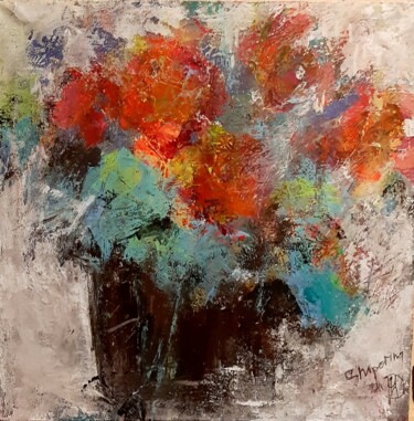 Painting titled "Red flowers in a pot" by Natalie Shiporina, Original Artwork, Acrylic Mounted on Wood Panel