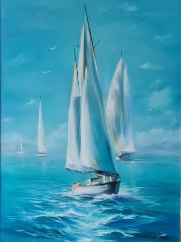 Pittura intitolato "Море . Паруса" da Natalie Shiporina, Opera d'arte originale, Olio