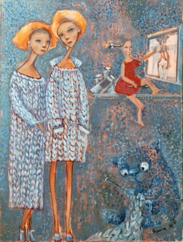Pintura titulada "Теплые коты" por Natalie Shiporina, Obra de arte original, Acrílico Montado en Bastidor de camilla de made…