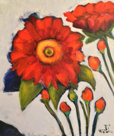 Картина под названием "Красная Гербера/цве…" - Natalie Shiporina, Подлинное произведение искусства, Акрил Установлен на Дере…