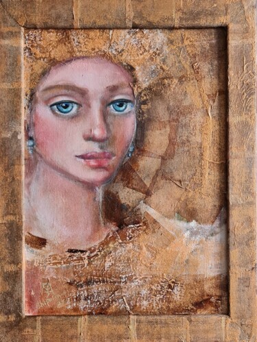 Painting titled "Portrait in gold" by Natalie Shiporina, Original Artwork, Oil Mounted on Wood Stretcher frame