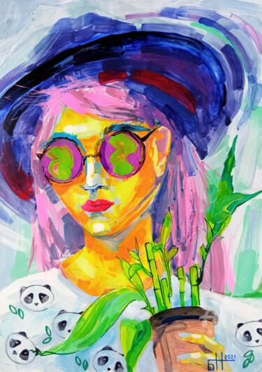 Painting titled "Girl with bamboo an…" by Nataliia Belozerova, Original Artwork, Acrylic