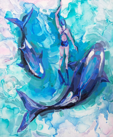 Malerei mit dem Titel "Killer whales" von Nataliia Belozerova, Original-Kunstwerk, Tinte