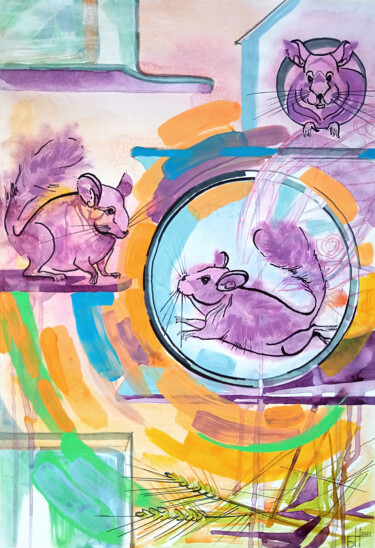 Dessin intitulée "Chinchillas" par Nataliia Belozerova, Œuvre d'art originale, Aquarelle