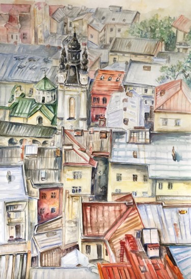 Painting titled "Roofs" by Nataliia Dadykina, Original Artwork, Watercolor