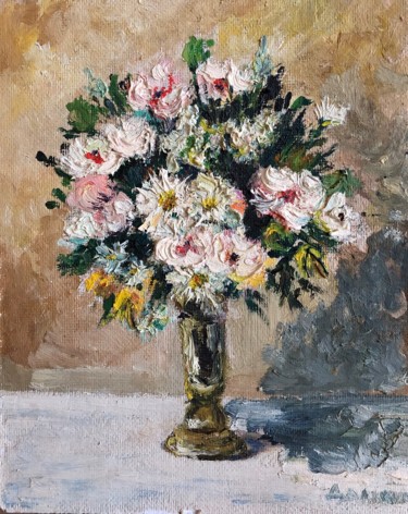 Painting titled "Goldy Flowers" by Nataliia Dadykina, Original Artwork, Oil