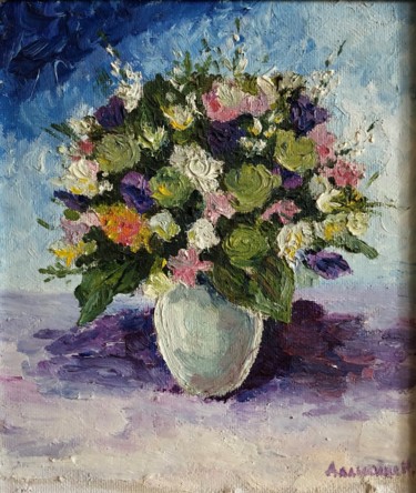 Painting titled "Flowers in a White…" by Nataliia Dadykina, Original Artwork, Oil Mounted on Cardboard