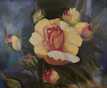 Painting titled "Yellow Rose" by Nataliia Goloborodko, Original Artwork, Oil Mounted on Wood Stretcher frame