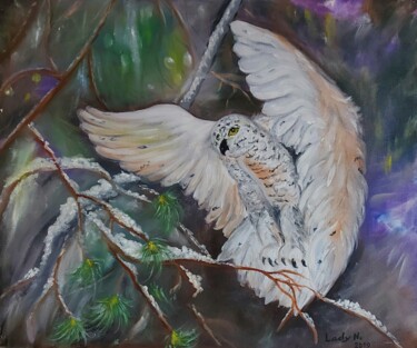 Painting titled "Owl In The Night" by Nataliia Goloborodko, Original Artwork, Oil Mounted on Wood Stretcher frame
