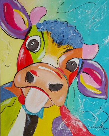 Peinture intitulée "Funny Cow (Milka)" par Nataliia Goloborodko, Œuvre d'art originale, Acrylique Monté sur Châssis en bois