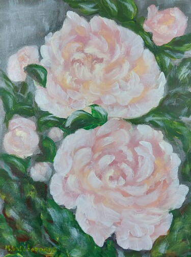 Painting titled "Pink Clouds Peonies" by Nataliia Goloborodko, Original Artwork, Oil Mounted on Wood Stretcher frame