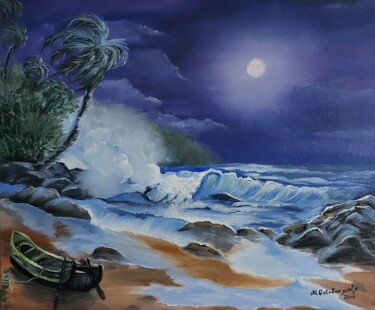 Malerei mit dem Titel "Moonlight Ocean" von Nataliia Goloborodko, Original-Kunstwerk, Öl Auf Keilrahmen aus Holz montiert