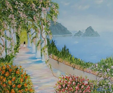 Painting titled "Terrace By The Sea" by Nataliia Goloborodko, Original Artwork, Oil Mounted on Wood Stretcher frame
