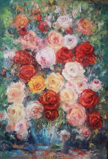 Painting titled "Roses" by Nataliia Herasymenko, Original Artwork, Oil Mounted on Wood Stretcher frame