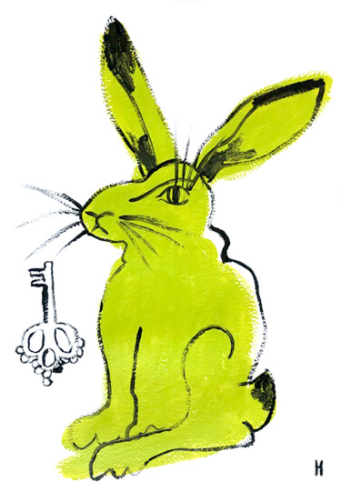 Pittura intitolato "Green hare with a k…" da Nataliia Lepikhina, Opera d'arte originale, Acrilico