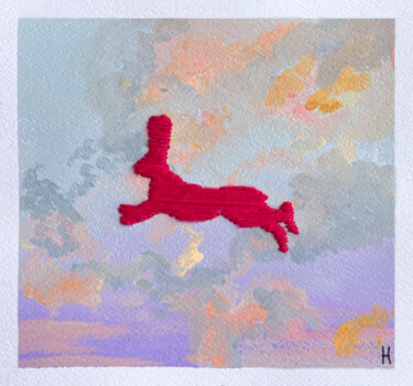 纺织艺术 标题为“Hare in the sky” 由Nataliia Lepikhina, 原创艺术品, 丙烯