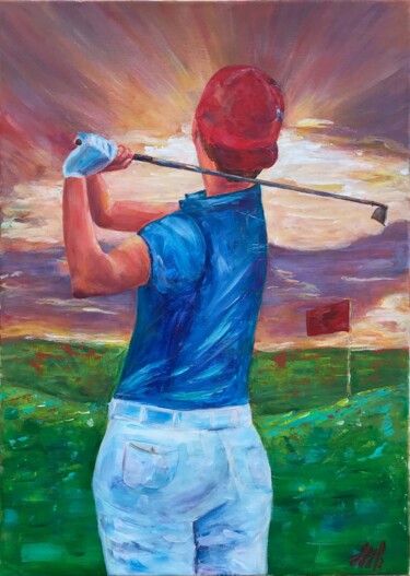 Painting titled "Golf player" by Nataliia Lishchynska, Original Artwork, Acrylic Mounted on Wood Stretcher frame