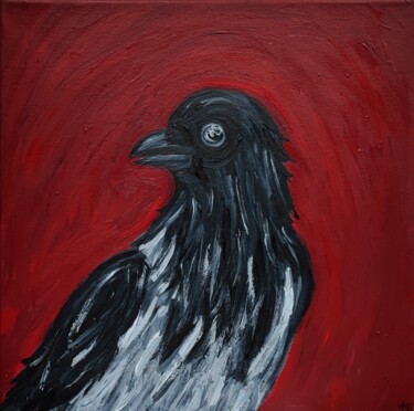 Painting titled "hooded crow" by Nataliia Nikulina, Original Artwork, Oil Mounted on Wood Stretcher frame