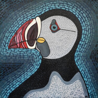 Painting titled "Puffin" by Nataliia Nikulina, Original Artwork, Oil Mounted on Wood Stretcher frame