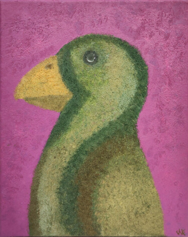 Painting titled "green bird" by Nataliia Nikulina, Original Artwork, Oil Mounted on Wood Stretcher frame