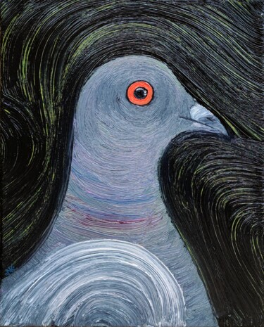 Painting titled "city pigeon at night" by Nataliia Nikulina, Original Artwork, Oil Mounted on Wood Stretcher frame