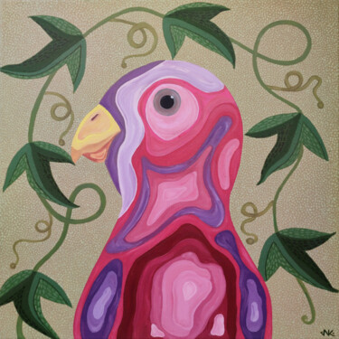 Painting titled "pink lovebird" by Nataliia Nikulina, Original Artwork, Oil Mounted on Wood Stretcher frame