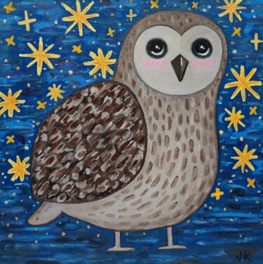 Painting titled "Barn owl and starry…" by Nataliia Nikulina, Original Artwork, Oil Mounted on Cardboard