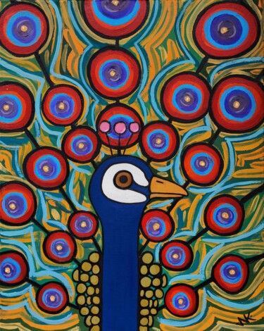 Painting titled "bright peacock" by Nataliia Nikulina, Original Artwork, Oil Mounted on Wood Stretcher frame