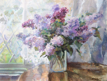 Painting titled "Bouquet of lilac" by Nataliia Petrenko-Litvinova, Original Artwork, Oil
