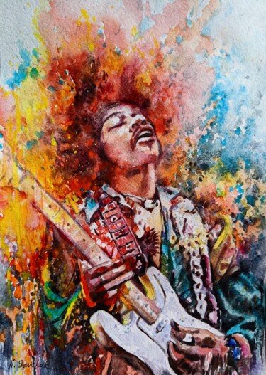 Pintura intitulada "Jimi Hendrix." por Nataliia Savchuk, Obras de arte originais, Aquarela