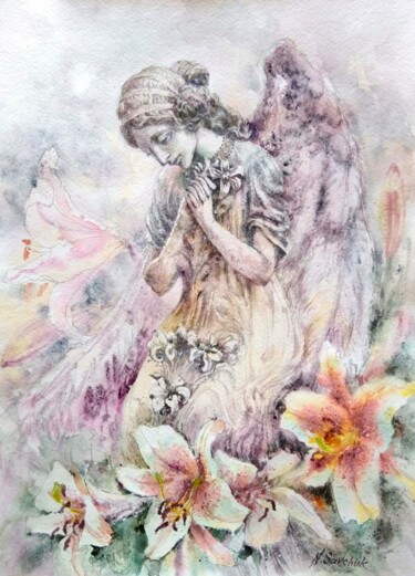 Pintura intitulada "Angel of Spring." por Nataliia Savchuk, Obras de arte originais, Aquarela