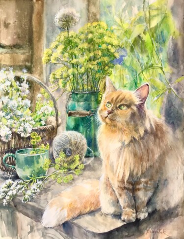 Painting titled "A cat named Busya." by Nataliia Savchuk, Original Artwork, Watercolor