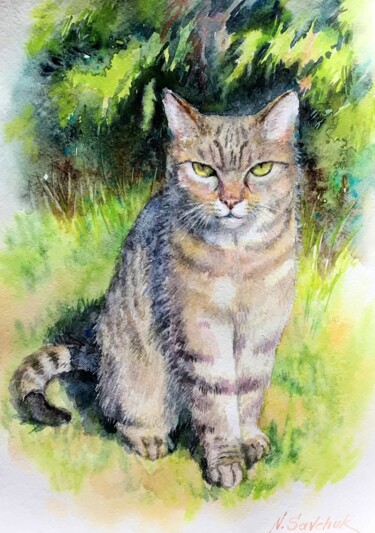 Malerei mit dem Titel "Mala kitty." von Nataliia Savchuk, Original-Kunstwerk, Aquarell
