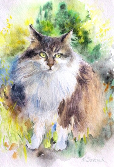 Pintura intitulada "Tara kitty." por Nataliia Savchuk, Obras de arte originais, Aquarela