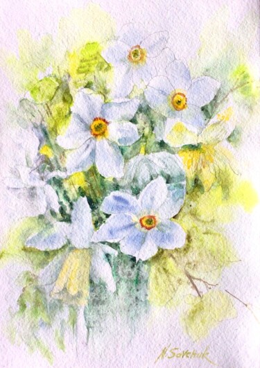 Pintura intitulada "Spring Daffodils." por Nataliia Savchuk, Obras de arte originais, Aquarela