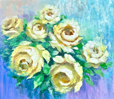 Painting titled "Yellow roses" by Nataliia Stashkevych, Original Artwork, Oil Mounted on Wood Stretcher frame
