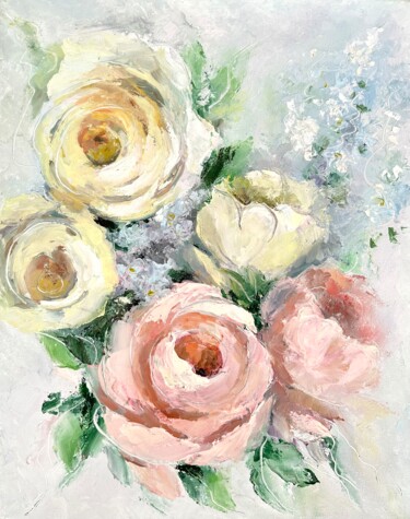 Painting titled "Flowers" by Nataliia Stashkevych, Original Artwork, Oil Mounted on Wood Stretcher frame