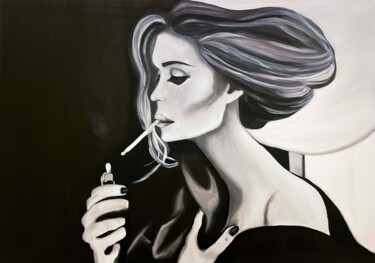 Painting titled "Black woman smoking…" by Nataliia Zablotskaya, Original Artwork, Oil Mounted on Wood Stretcher frame