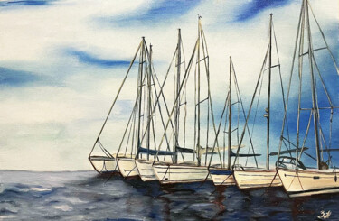 Painting titled "Boat yacht bay oil…" by Nataliia Zablotskaya, Original Artwork, Oil Mounted on Wood Stretcher frame