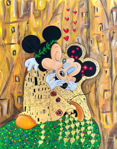 Painting titled "The Kiss Mickey Mou…" by Nataliia Krykun, Original Artwork, Acrylic Mounted on Wood Stretcher frame